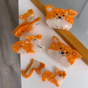 Χαριτωμένο σετ κλιπ μαλλιών Corgi από οξική κυτταρίνη σε πορτοκαλί και λευκό χρώμα