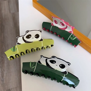 Detailed view of acetic acid panda and bamboo claw clips in three green color options