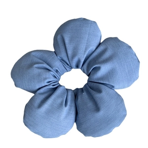 Chic light blue oversized denim fabric flower hair tie for elegant bun hairstyles