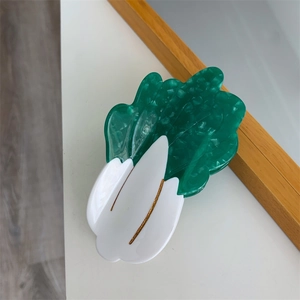 Chic cabbage shaped acetate hair claw clip with green marble texture and gold leaf veins