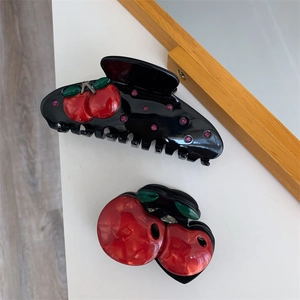 Creative black shark hair clip with rhinestone red cherry design and small cherry clip