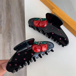 Sparkling black shark hair clips with red cherry design and pink rhinestones for women