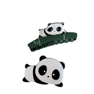 Cartoon panda hair clips with green bamboo design made of glossy acetate material