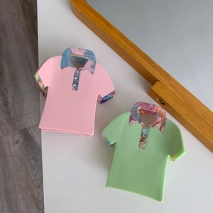 Creative Polo shirt shaped acetate hair clips in pink and green with rhinestone details