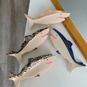 Creative Shark Shape Acetate Hair Claw Clip For Women Ocean Series Large Non-Slip Color Block Marble Leopard Pattern