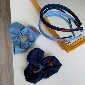 Vintage Denim Fabric Headband With Love Heart Letter Embroidery Simple Fashion Handmade Hair Hoop For Women Girls Accessory