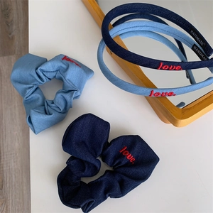 Blue denim hair accessories set featuring red love embroidery and thin headbands