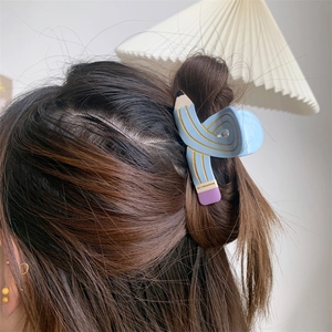Creative blue pencil-shaped acetate hair claw for half-tie styling and daily hair fixation