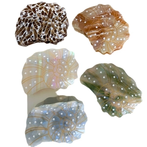 Five assorted acetate nautilus hair claws in tortoise shell and marble patterns