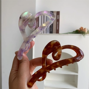 Large acetate heart claw clips in aurora marble purple and tortoise shell brown