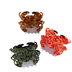 Pinces à cheveux en forme de crabe en ambre, corail et motifs de marbre vert