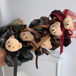 Retro Plaid Fabric Hair Scrunchie With Plush Bear Wood Button Bowknot Elastic Large Bow Hair Tie For Women Girls Hair Accessories