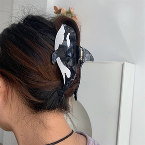 Unique orca whale acetate hair claw clip with black and white marble pattern for women