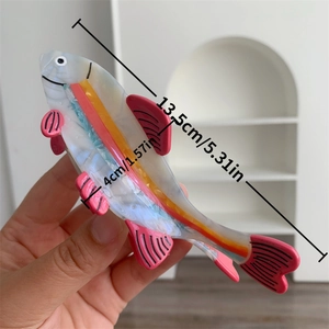 Pink fish-shaped acetate hair claw clip for women, size 13.5cm with rainbow gradient finish