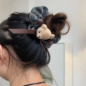Green plaid plush bear hair scrunchie with ribbons for women and girls' hairstyles