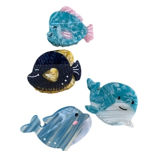 Pinces à cheveux en acétate en forme de baleine et poisson avec perles marines