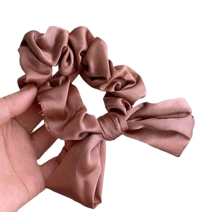 Brown satin silk scrunchie with large bow design for women's long hair accessories