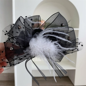 French Retro Polka Dot Mesh Bow Hair Claw Clip Large Rhinestone Feather Plush Shark Clip Elegant Party Hair Accessories For Women