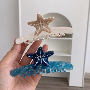 Elegante Molla per Capelli in Acetato a Forma di Stella Marina Serie Vita Marina Blu Beige Texture Marmo Accessori per Capelli Donna