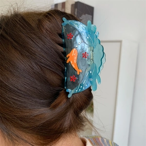 Blue ocean-themed acetate shark hair claw clip with crystal fish design for long hair