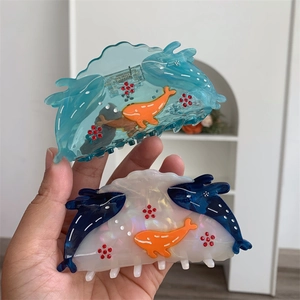Creative Ocean Theme Acetate Hair Claw Clip Whale Dolphin Design Rhinestone Inlaid Large Shark Clip Fresh Sweet Style Hair Accessories