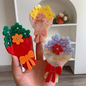 Elegante Pinza per Capelli Francese in Acetato a Bouquet Con Strass e Fiocco Accessori per Capelli Floreali da Donna