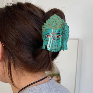 Pince à cheveux artistique tête de Bouddha en acétate marbré vert pour femmes