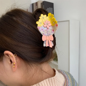 Elegante molletta per capelli in acetato con bouquet floreale colorato e strass
