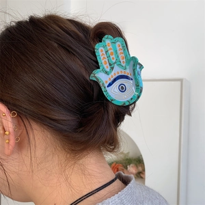 Pince à Cheveux Rétro en Acétate Tête de Bouddha Main de Fatma pour Femme Turquoise Écaille Mauvais Œil Accessoire de Coiffure