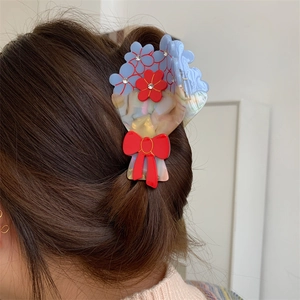 Elegante pinza per capelli in acetato con fiori, strass e fiocco rosso per acconciatura