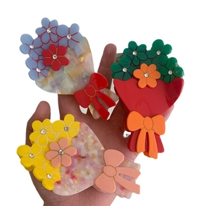 Mollette per capelli a bouquet in acetato stile francese con strass e fiori colorati