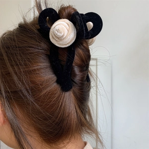 Elegant velvet flower hair claw clip with black ribbon and cream rose for long hair