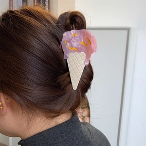 Creative ice cream hair claw clip with pink marble texture and waffle cone design for women