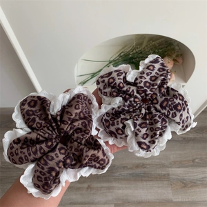 Leopard print hair scrunchies with white lace trim for women, set of two hair accessories