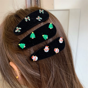 Christmas Style Black Flocked BB Hair Clips Snowman Christmas Tree Bow Festive Sweet Hairpin Side Bangs Clip For Women Girls