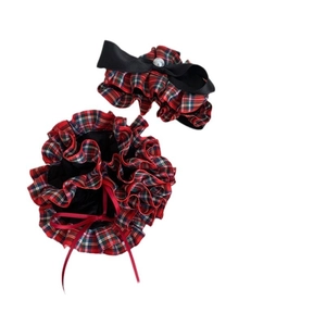 Red plaid hair accessories set including tartan scrunchie and ruffled bow clip