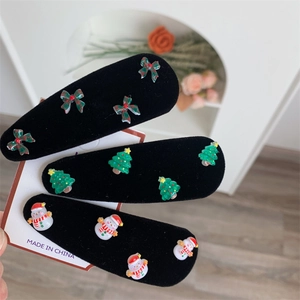 Christmas hair clip set with red plaid bow, Xmas tree and snowman on black flocked clips