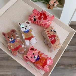 Sweet Cartoon Bear Hair Claw Clip For Women Pearlescent Acetate Heart Kiss Pattern Large Shark Clip Hair Accessories