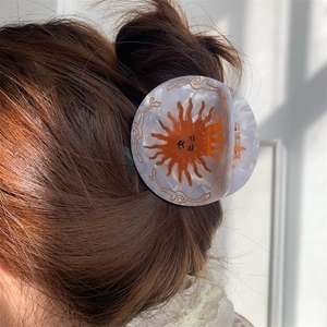 Retro Acetate Round Hair Claw Clip Sun Smile Face Marble Texture Large Shark Clip Elegant Hair Accessory For Women