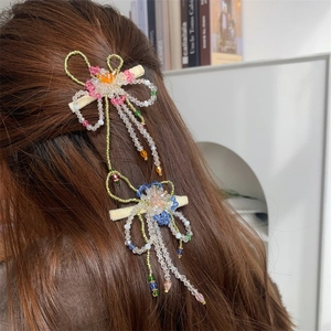 Barrette à Cheveux Fleur en Perles Faite à la Main Avec Long Gland Style Pastoral Cristal Artificiel Pince Latérale Bec de Canard Accessoire Cheveux Femme