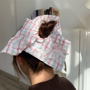 Chouchou Foulard à Carreaux Pastoral Avec Bordure en Dentelle et Nœud en Ruban pour Femmes Style Doux Attache Cheveux en Tissu