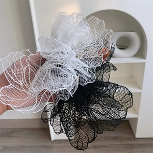 Elegant oversized lace flower hair scrunchies in classic black and white sheer mesh