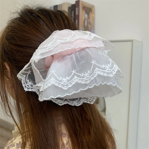 French style oversized lace scrunchie with layered white embroidery and pink inner silk fabric