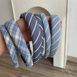 Chic blue plaid sponge headband set with classic checkered and striped fabric patterns
