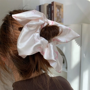 Sweet Satin Lace Scrunchies For Women Bow Floral Printed Large Elastic Hair Ties Elegant Hair Accessories For Daily Use