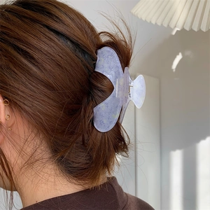 Translucent purple floral acrylic hair claw clip for women with yellow flower print