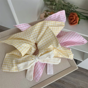 Vintage Plaid Bow Knot Scrunchie For Women Girls Gingham Hair Tie With Lace Trim Cotton Blend Large Hair Rope Accessories
