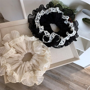Black and cream lace ruffle scrunchies set made of elegant sheer mesh and tulle fabric