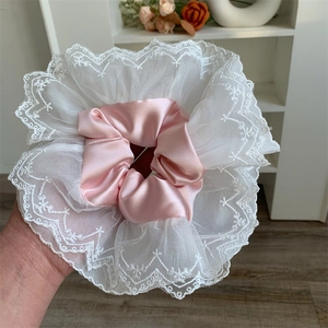 Sweet pink satin scrunchie with oversized double-layer lace and scalloped embroidery edge