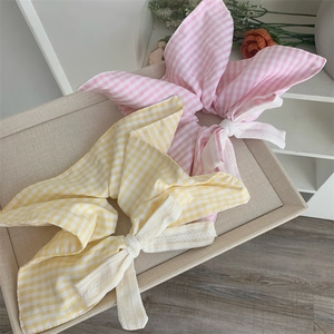 Pink and yellow plaid cotton scrunchies with long bunny ear ties and lace details
